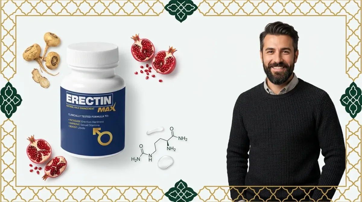 Erectin Max ürünü ve L-Arginin moleküler diyagramı