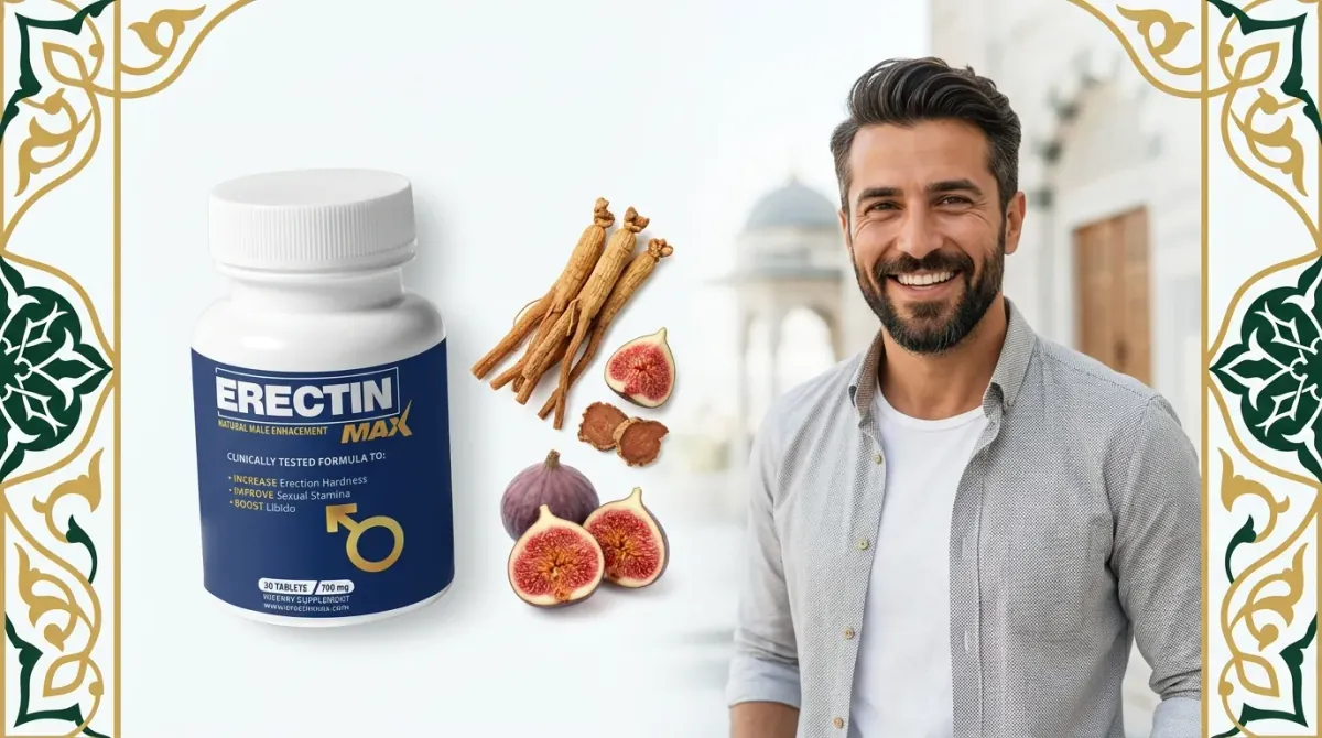 Gülümseyen bir erkek, ginseng ve incir ile Erectin Max bitkisel formülü